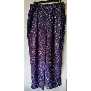 Vernacular Women's Pants Navy‎ Floral Print  Courduroy Tie Belt Attached Large